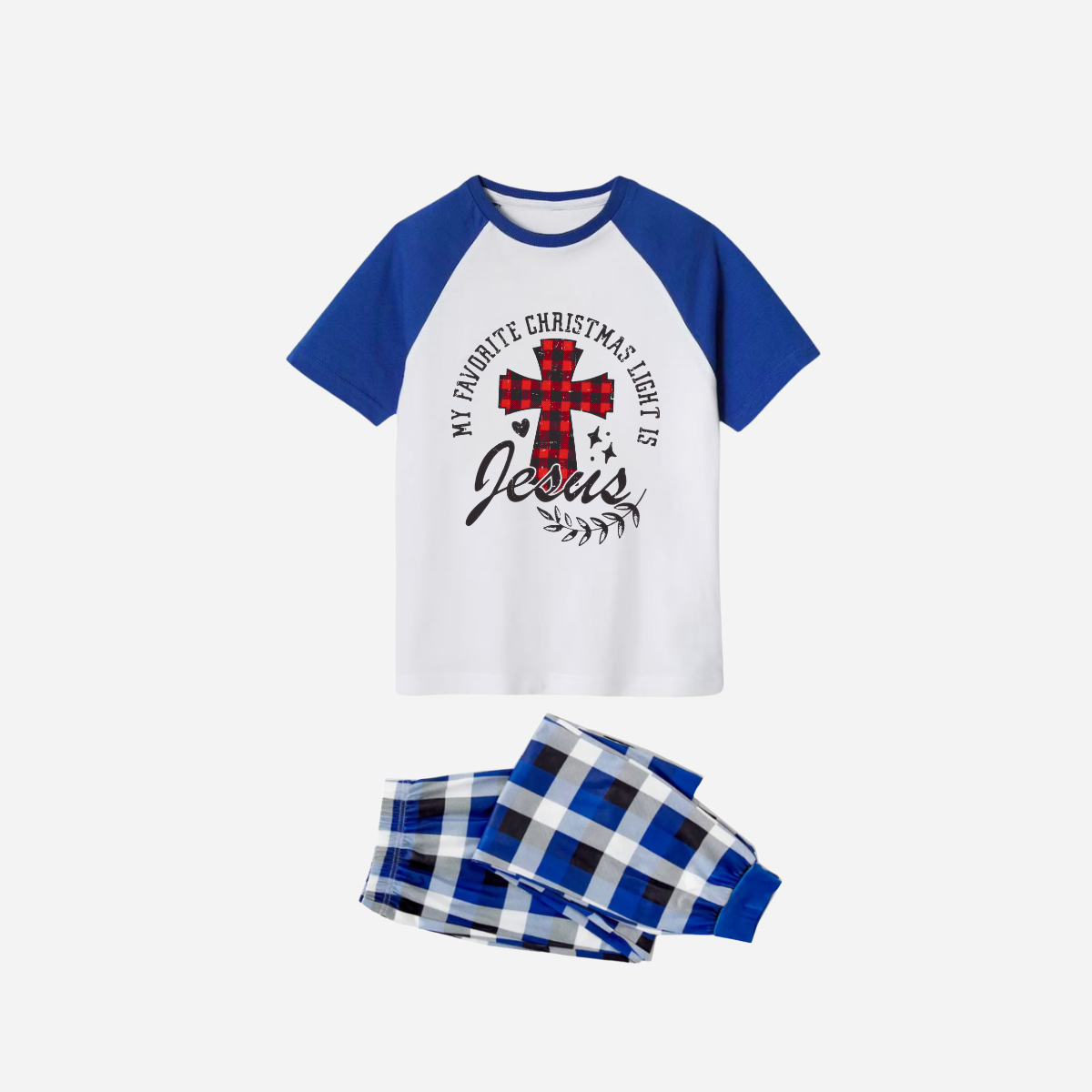 My Favorite Christmas Light Is Jesus Family Christmas Pajamas Set - White Top with Blue Sleeves and Blue Plaid Pants