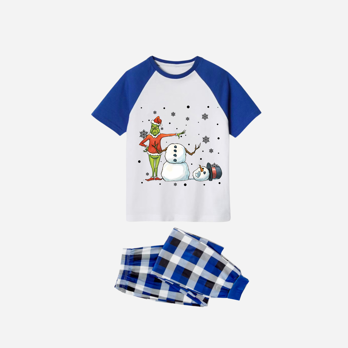 Blue Plaid Short Sleeve Christmas Pajamas Set With Snowman and Christmas Grinch Print