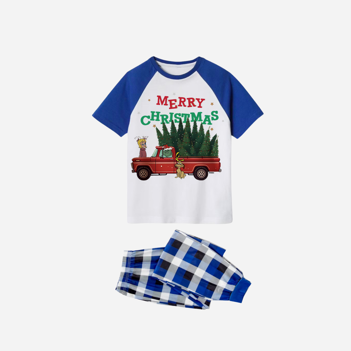 Blue Plaid Short Sleeve Christmas Pajamas Set With "Merry Christmas" and Christmas Tree Print
