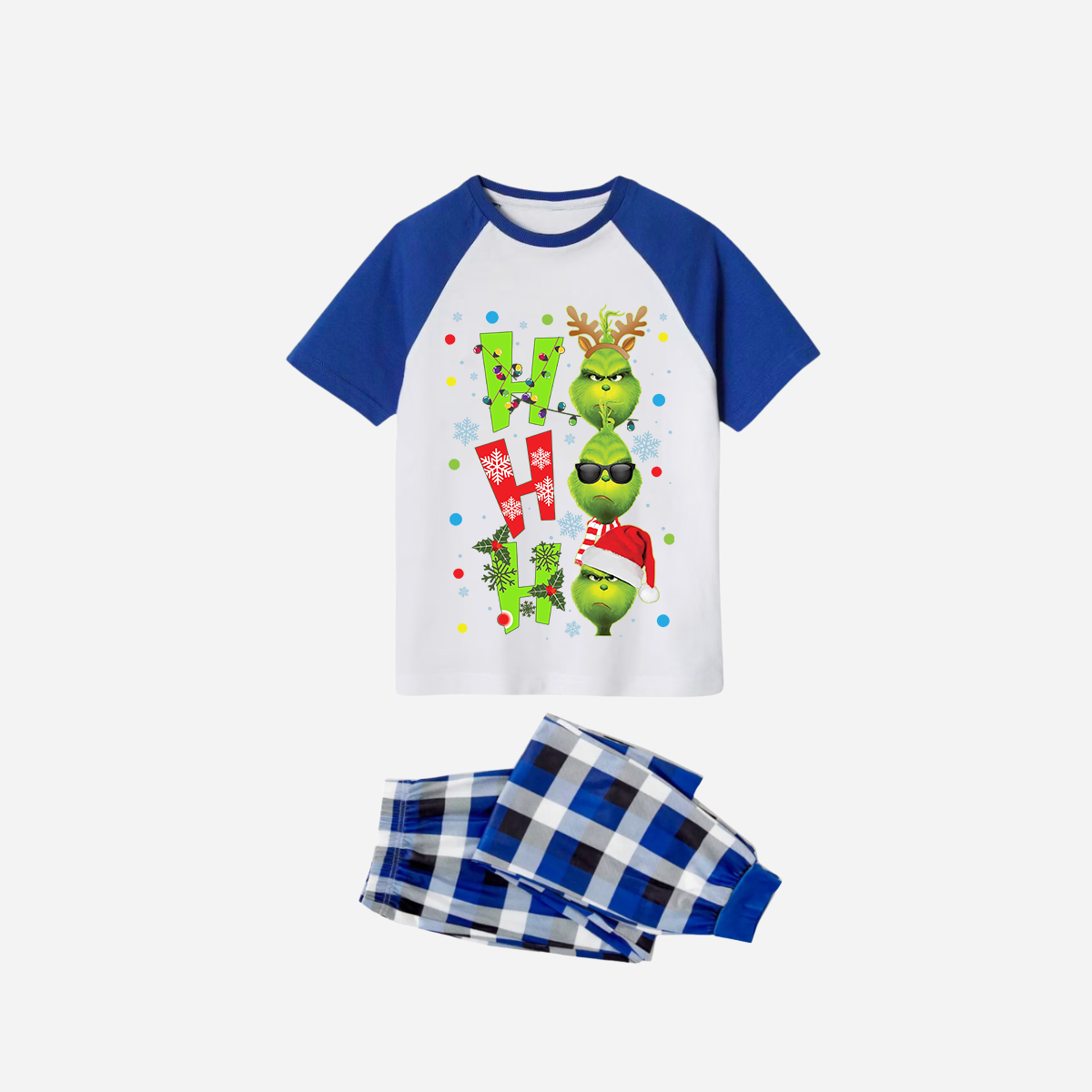 Blue Plaid Short Sleeve Christmas Pajamas Set With "ho ho ho" and Christmas Grinch Print
