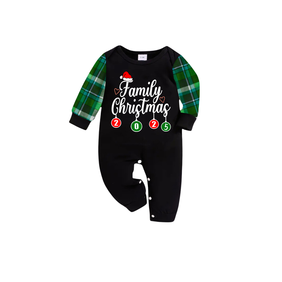 Family Christmas 2025 Pajamas Set - Black Top / Green & Blue Plaid Sleeves & Pants / Santa Hat Print
