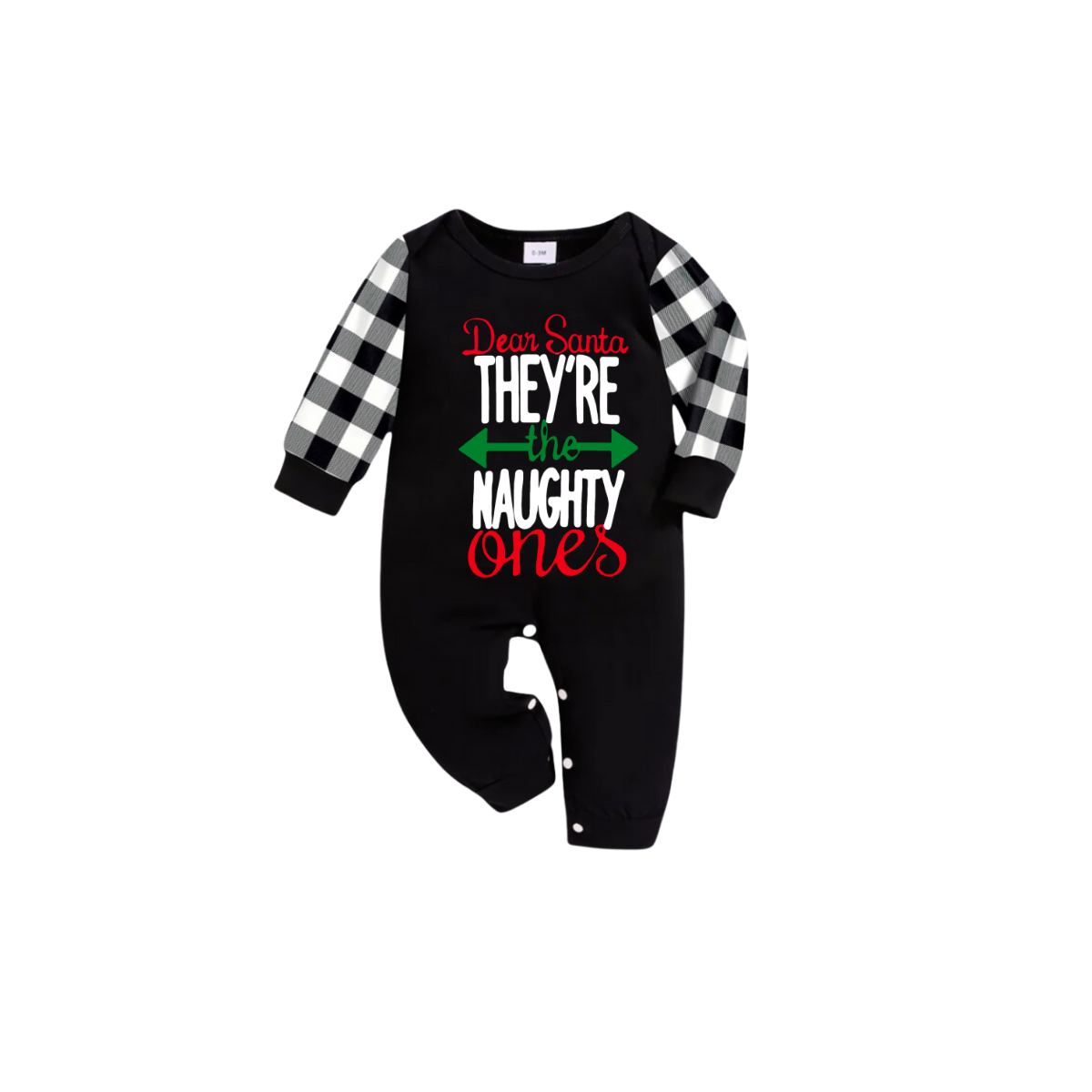 Dear Santa They're the Naughty Ones Family Christmas Pajamas Set - Black Top Black and White Plaid Pants White Text Graphic