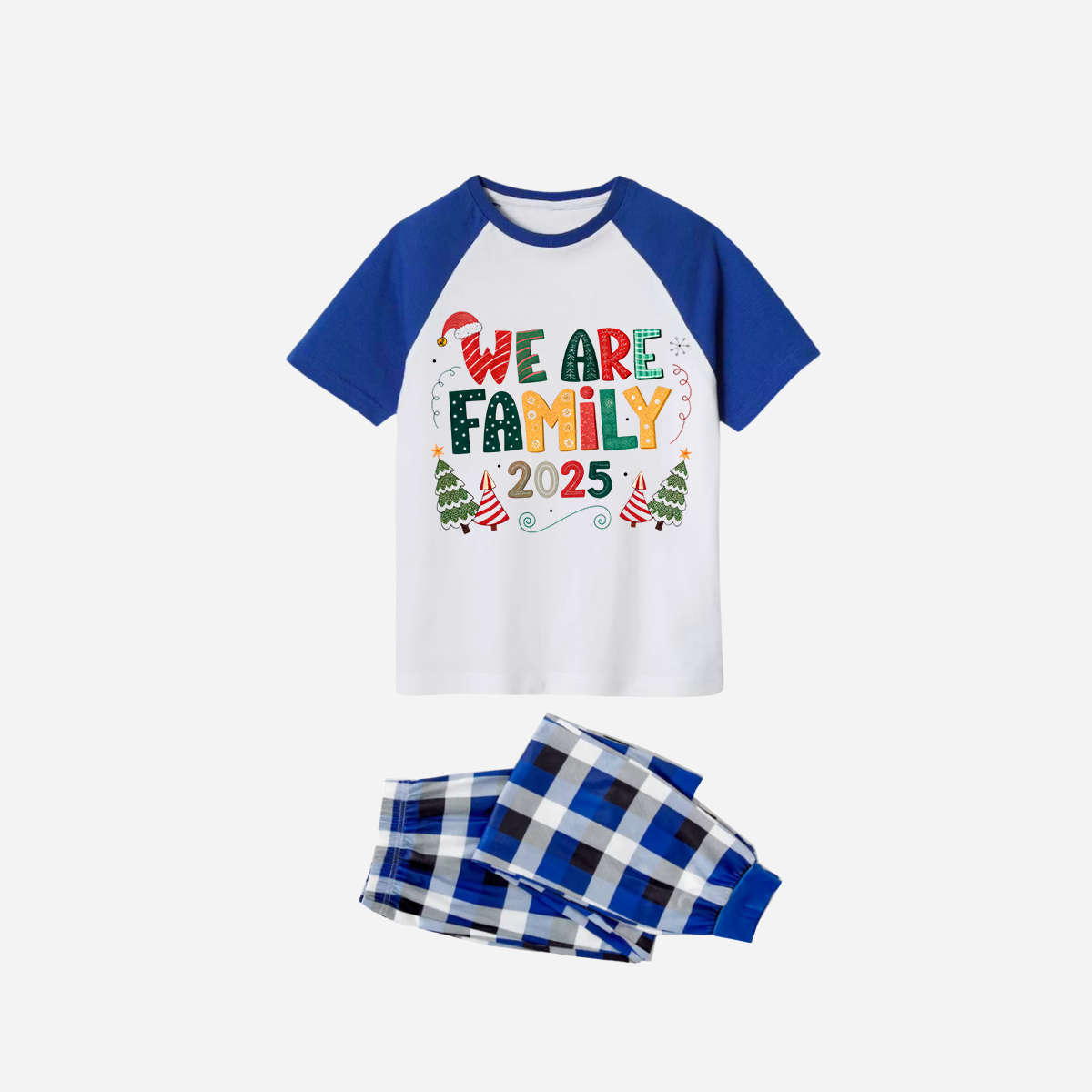 Blue Plaid Short Sleeve Christmas Pajamas Set With "We are Family" Colorful Text Print