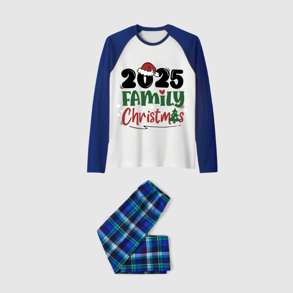 Merry Christmas 2025 Family Pajamas Set - White Top, Blue & Green Plaid Pants, Solid Blue Sleeves, Santa Hat & Christmas Tree Print