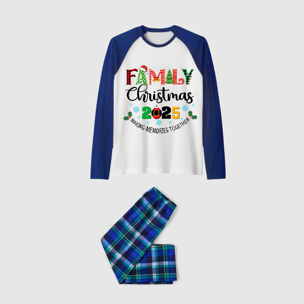 Christmas Gnomes Hanging with my Gnomies Family Pajamas Set - White Top, Blue-Green Plaid Pants, Blue-Green Sleeves, Gnome Print