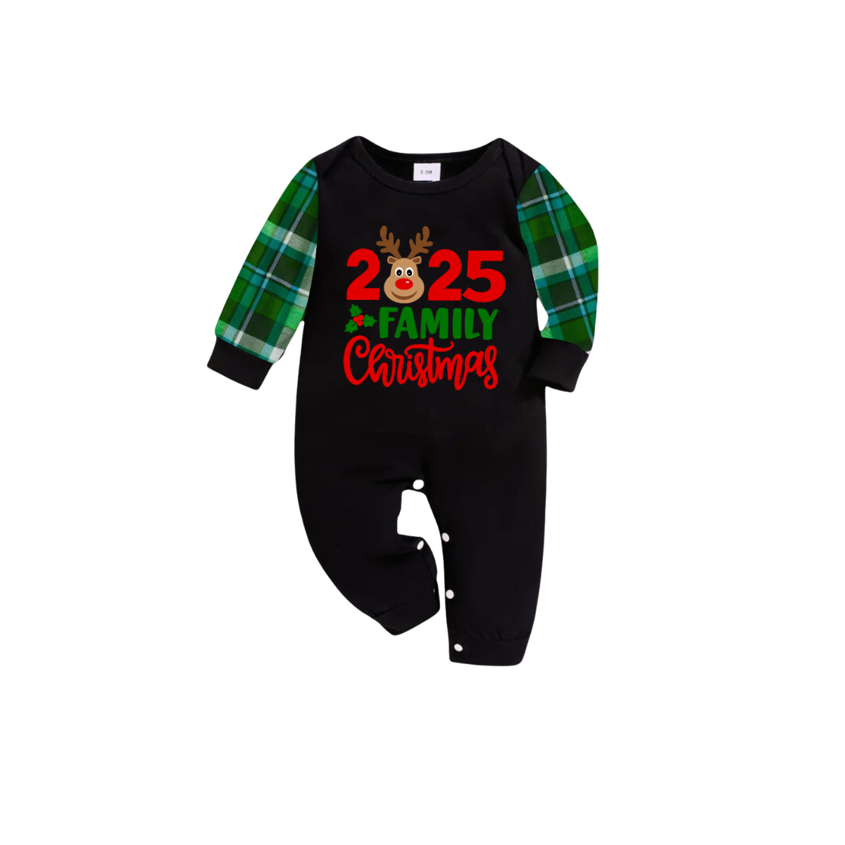 2025 Reindeer Family Christmas Family Pajamas Set - Black Top / Green Plaid Pants / Green Plaid Sleeves
