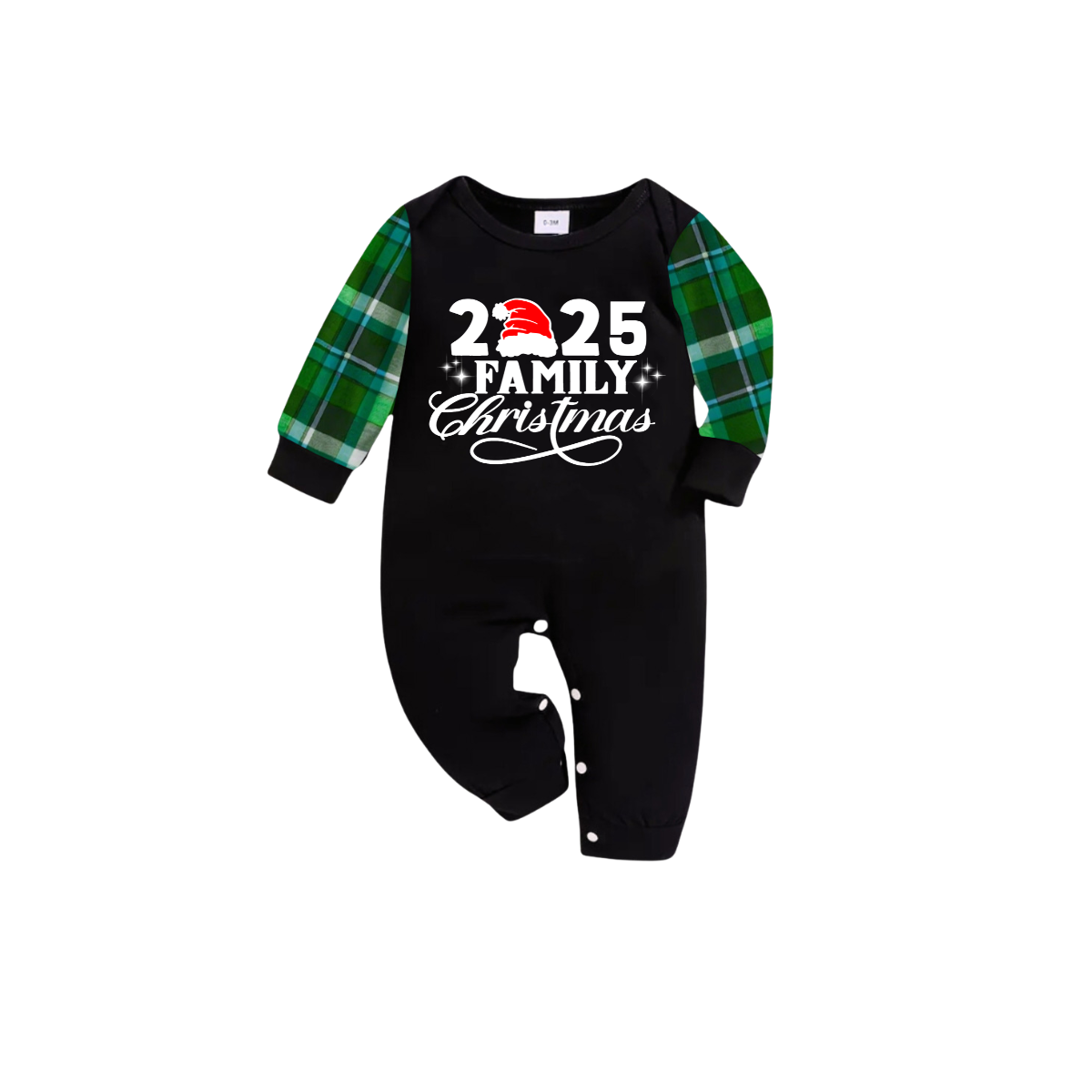 Christmas 2025 Family Matching Family Pajamas Set - Black Top, Green Pants, Green Plaid Pattern