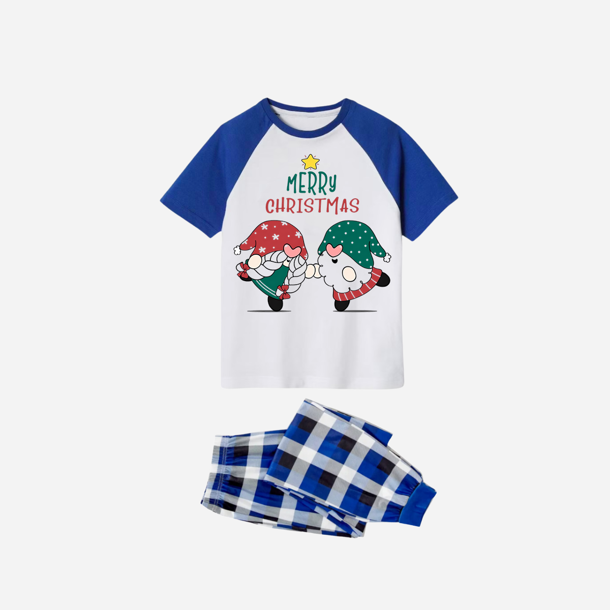 Blue Plaid Short Sleeve Christmas Pajamas Set With Gnome and Merry Christmas Text Print