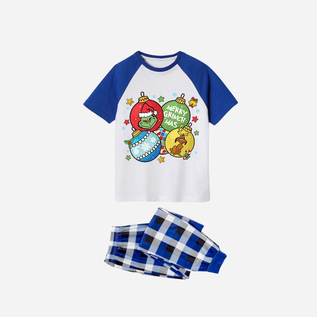 Blue Plaid Short Sleeve Christmas Pajamas Set With Ball Ornaments and Grinch Print