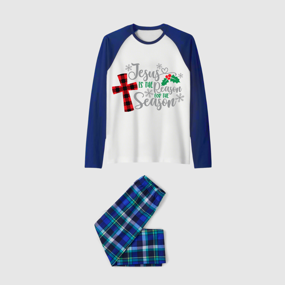 Jesus Reason Christmas Pajamas - Navy & Green Plaid