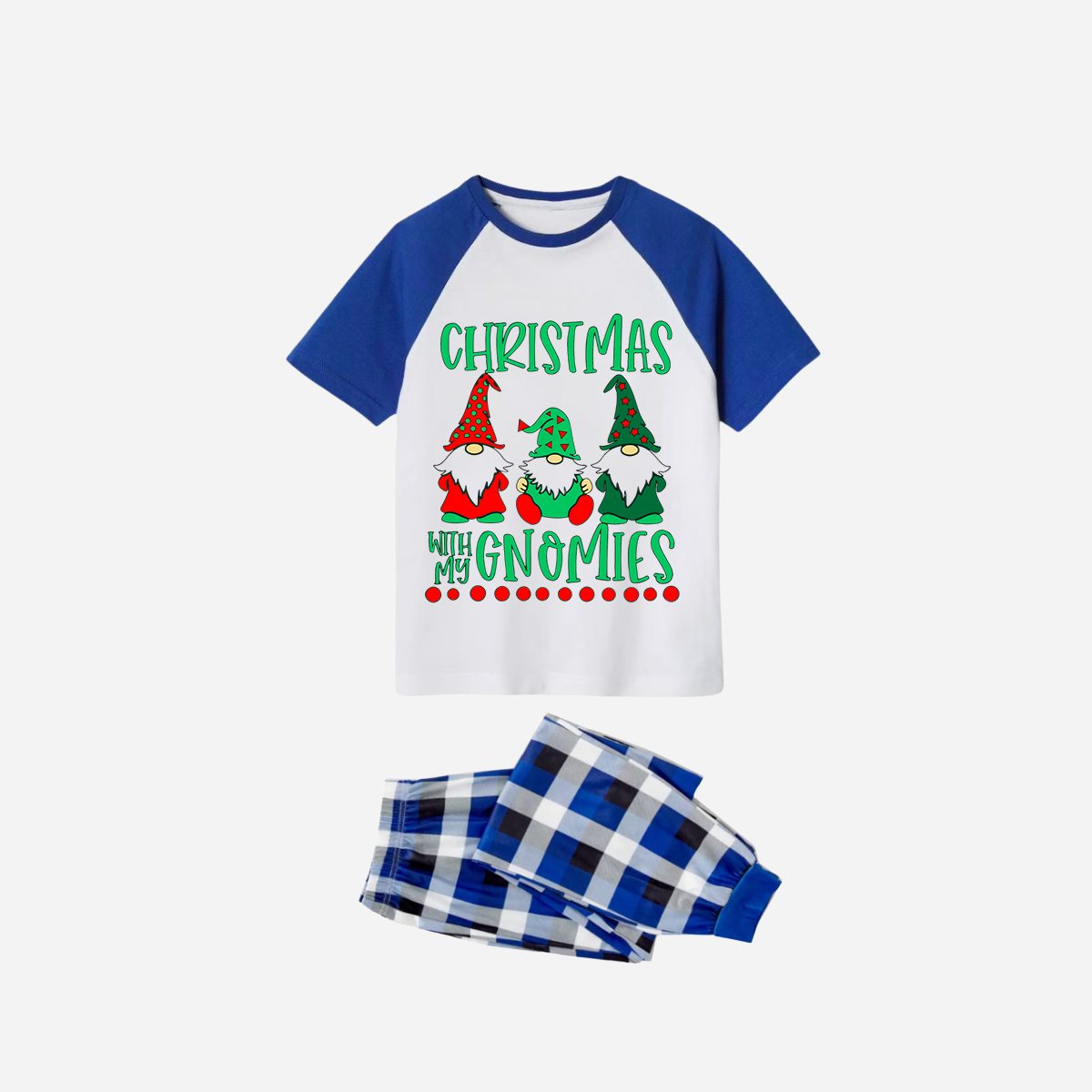 Blue Plaid Short Sleeve Christmas Pajamas Set With "Christmas With My Gnomies" Text Print