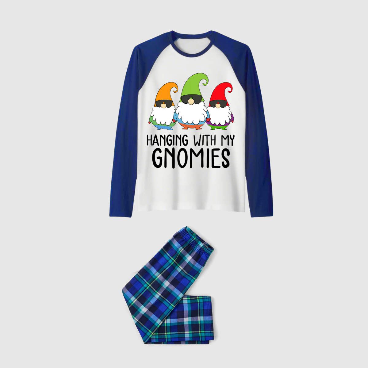 Hanging With My Gnomies Family Pajamas Set - White Top, Blue-Green Plaid Pants, Blue Solid Sleeves, Gnomes Print