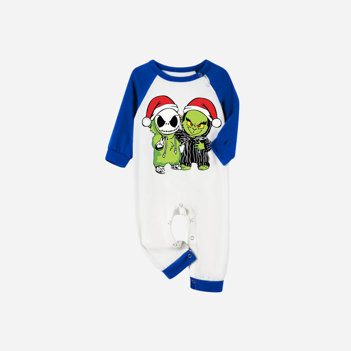 Blue Plaid Short Sleeve Christmas Pajamas Set With Grinch and Cartoon Pattern Print
