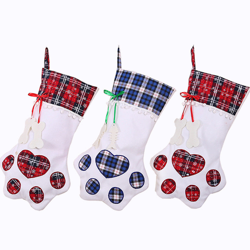 Christmas Tree Ornaments Love Dog Paw Red/Blue Plaid Christmas Stocking