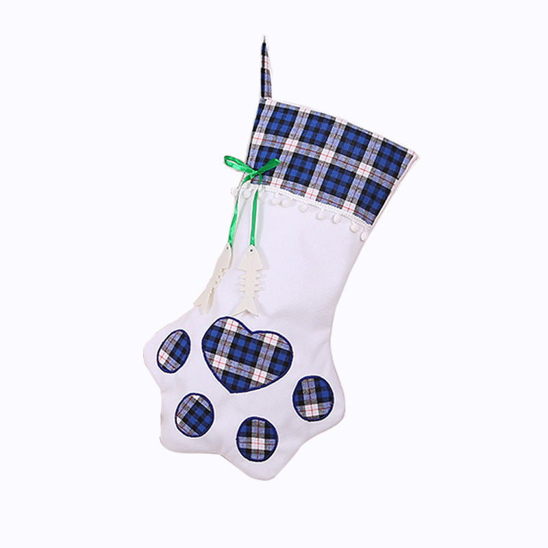 Christmas Tree Ornaments Love Dog Paw Red/Blue Plaid Christmas Stocking