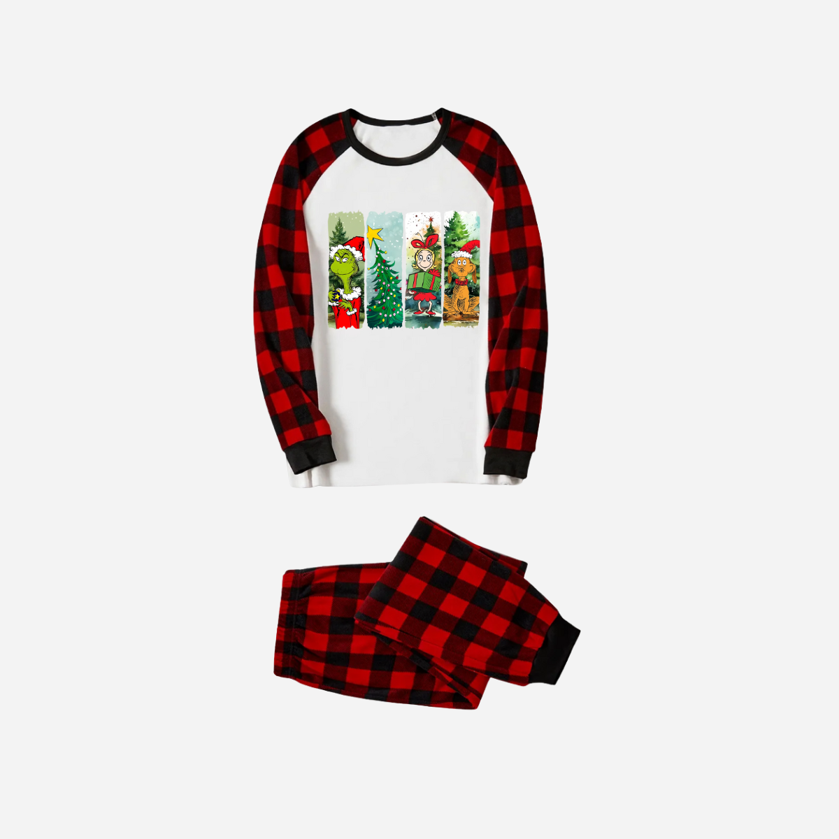 Christmas Cartoon Family Christmas Pajamas Set - White Top with Red Plaid Sleeves and Red Plaid Pants