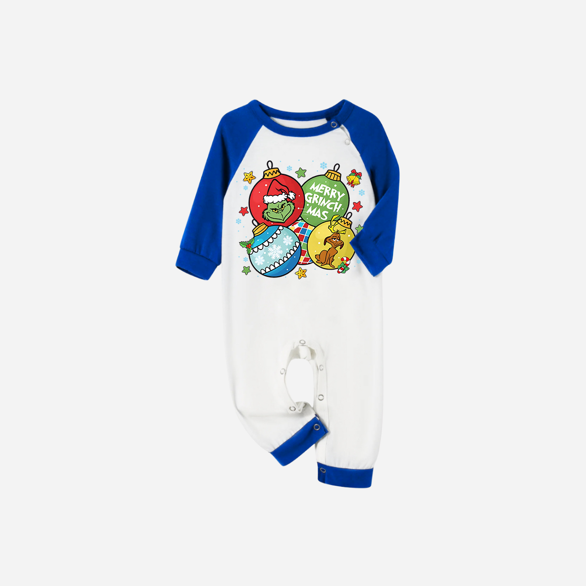 Blue Plaid Short Sleeve Christmas Pajamas Set With Ball Ornaments and Grinch Print