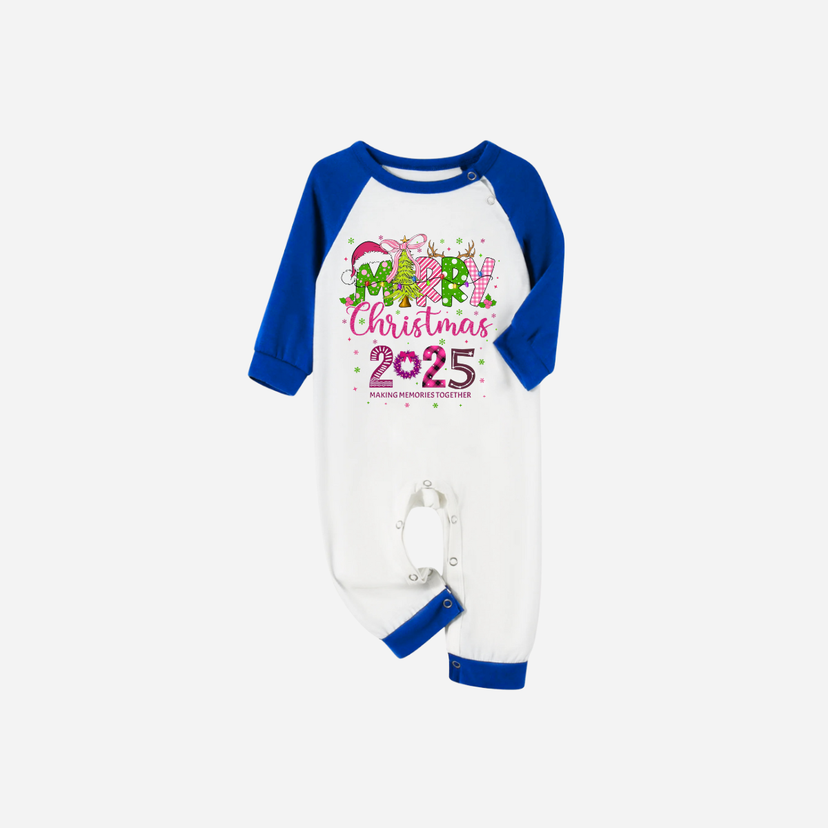 Merry Christmas 2025 Family Christmas Pajamas Set - White Top with Blue Sleeves and Blue Plaid Pants