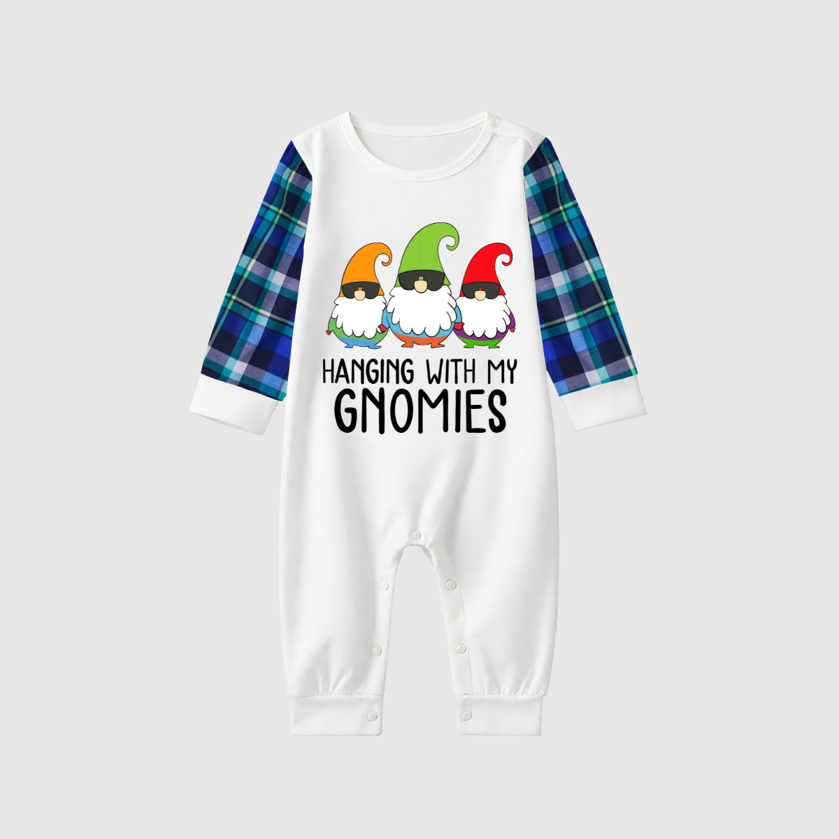 Hanging With My Gnomies Family Pajamas Set - White Top, Blue-Green Plaid Pants, Blue Solid Sleeves, Gnomes Print