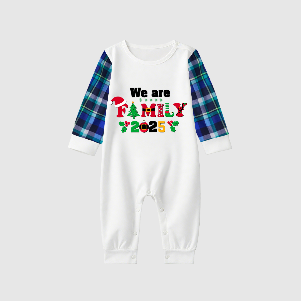 We Are Family 2025 Printed Blue Plaid Contrast Sleeve Top And Plaid Pants Family Matching Christmas Pajamas Sets