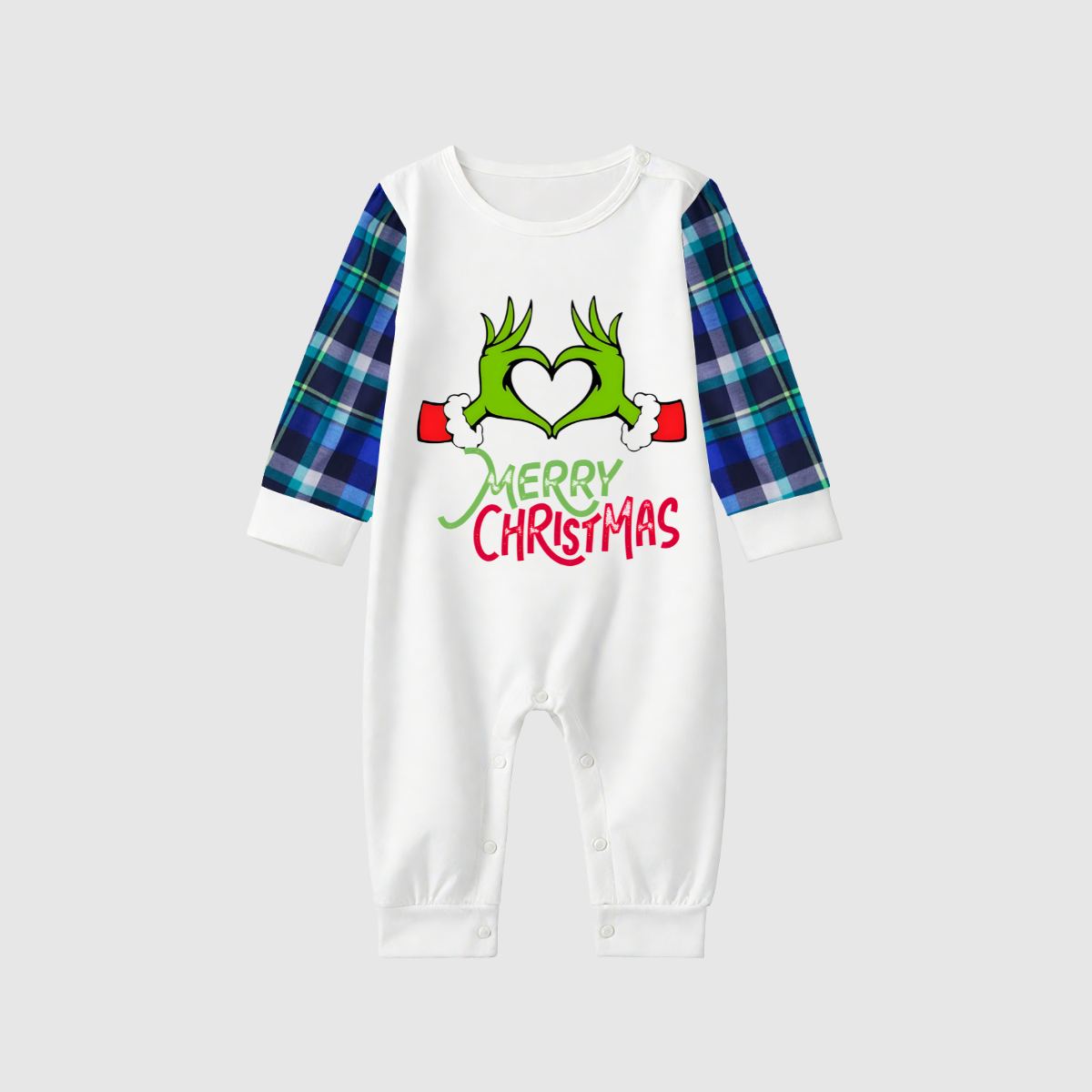 Merry Christmas 2025 Making Memories Family Pajamas Set - White Top, Blue Pants, Blue-Green Plaid Sleeves