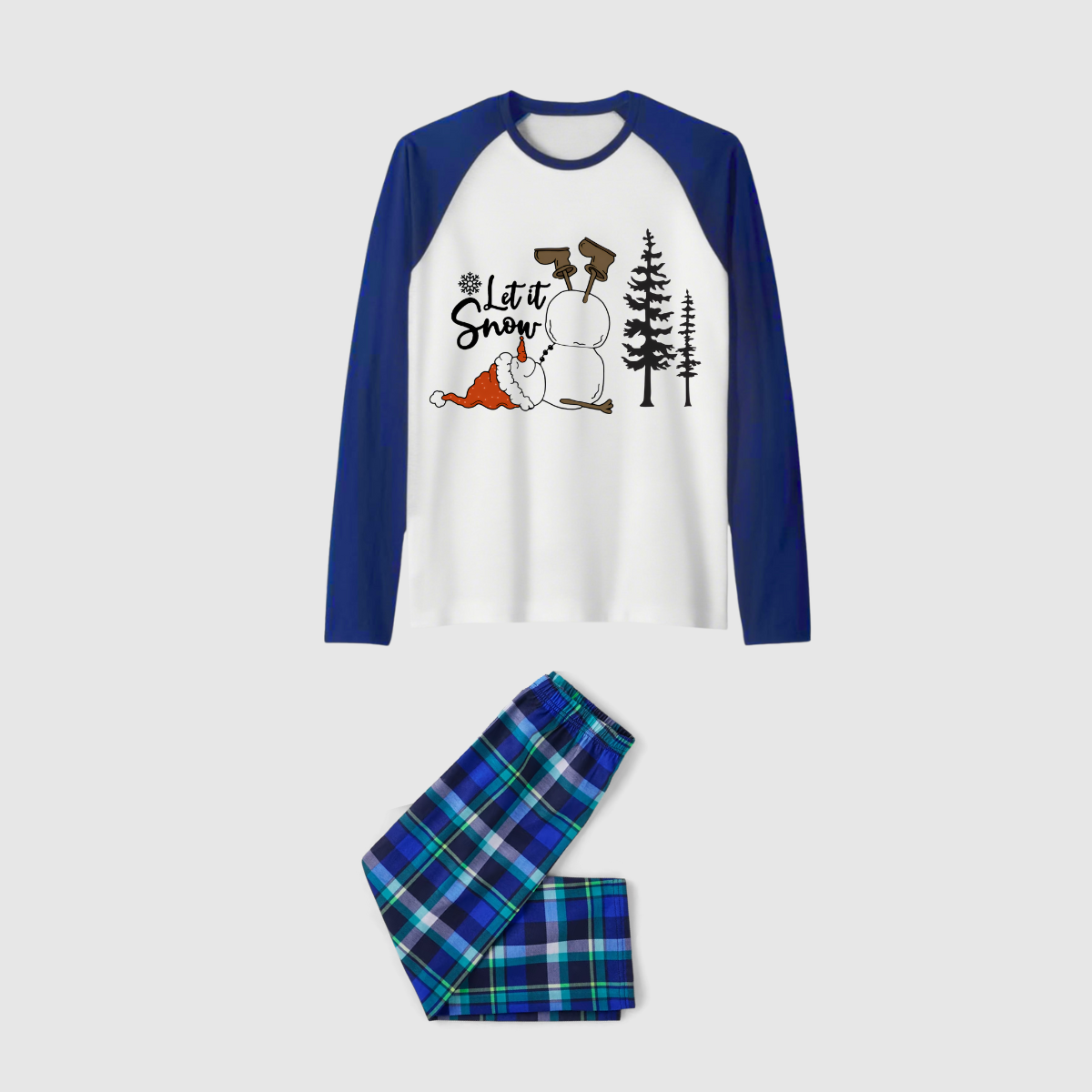 Let it Snow Plaid Family Pajamas - Green Blue Tartan