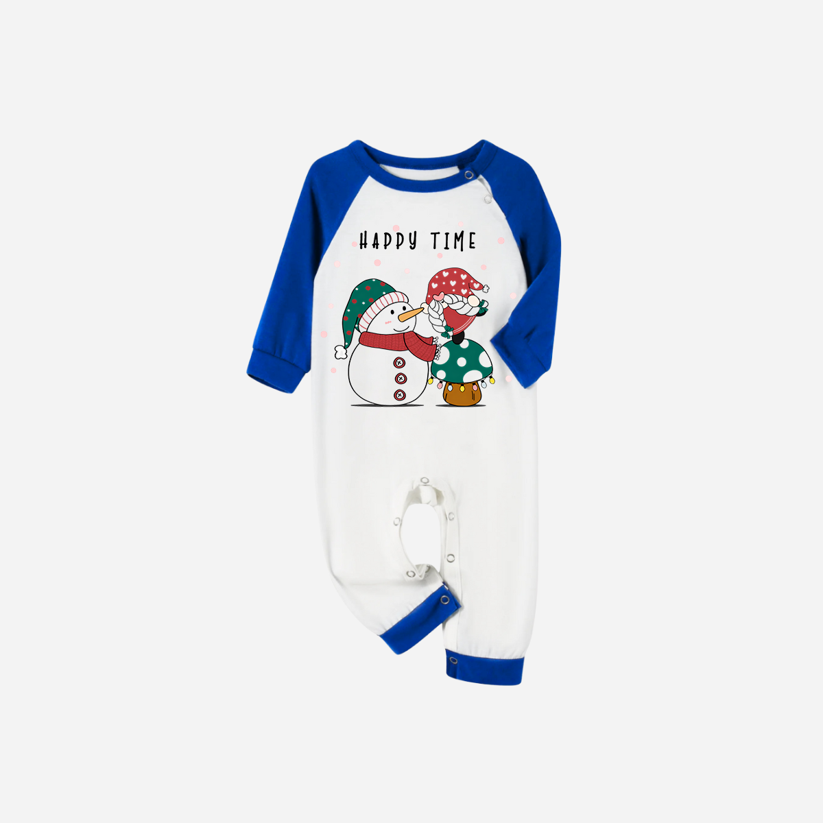 Blue Plaid Short Sleeve Christmas Pajamas Set With Snowman and Gnome and "Happy Time" Text Print