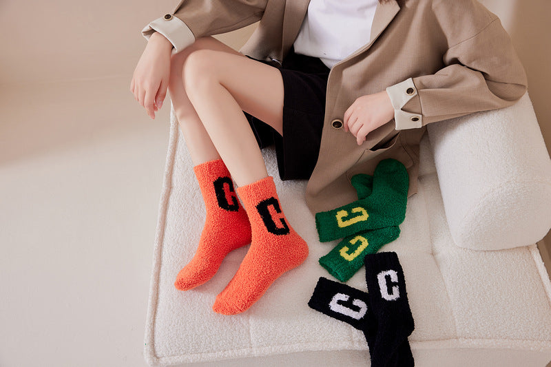 Super Cozy Women's Coral Fleece Socks With Sherpa Lining And Letter Embroidery Holiday Socks