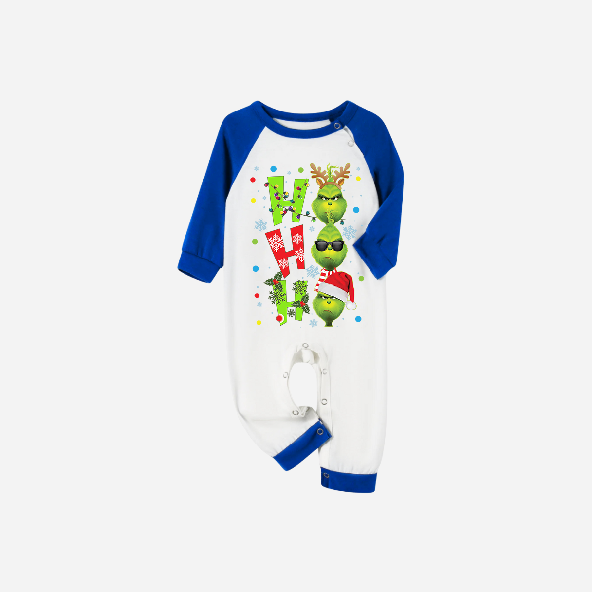 Blue Plaid Short Sleeve Christmas Pajamas Set With "ho ho ho" and Christmas Grinch Print