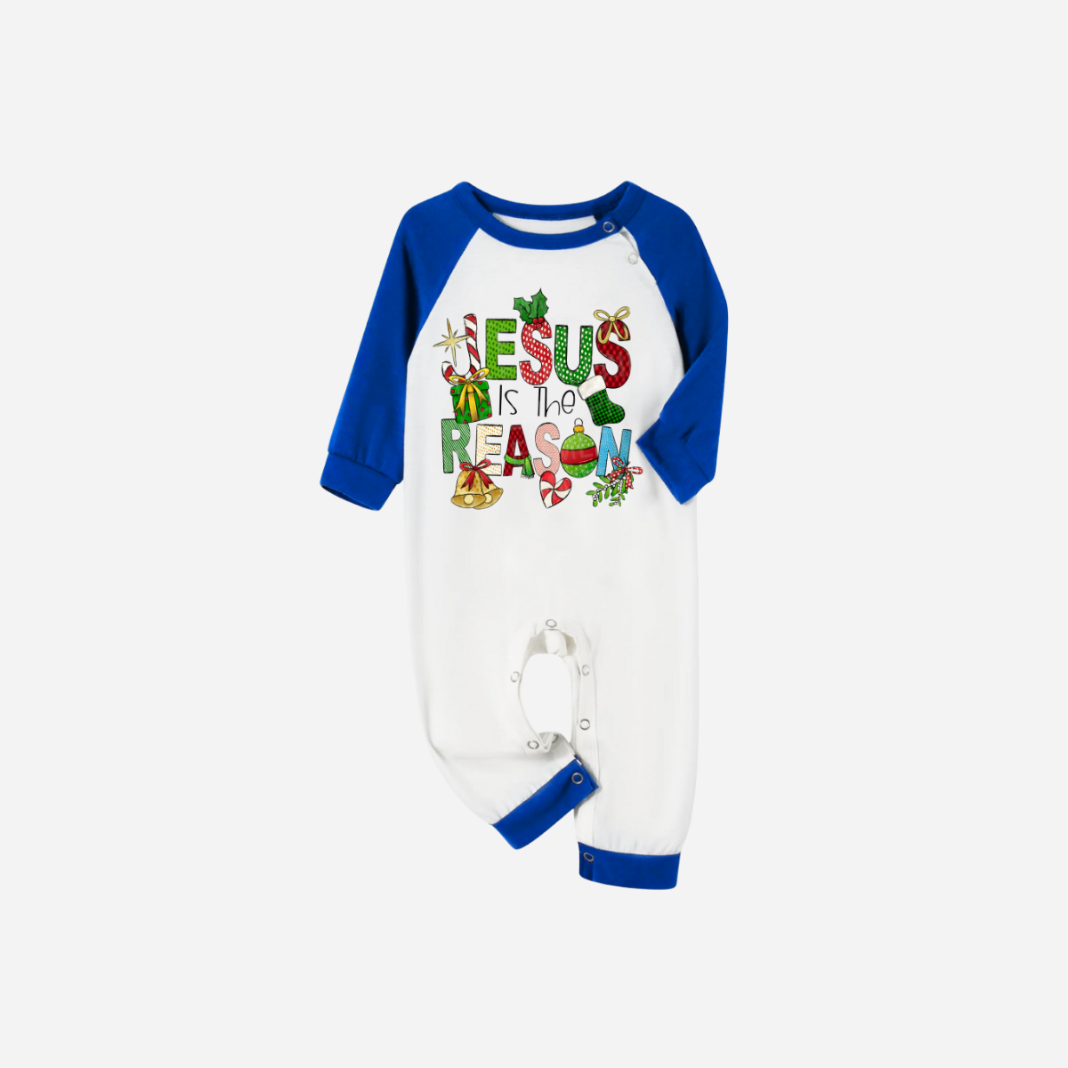 Christmas Cartoon Family Christmas Pajamas Set - White Top with Blue Sleeves and Blue Plaid Pants and “Jesus is the Reason” Design