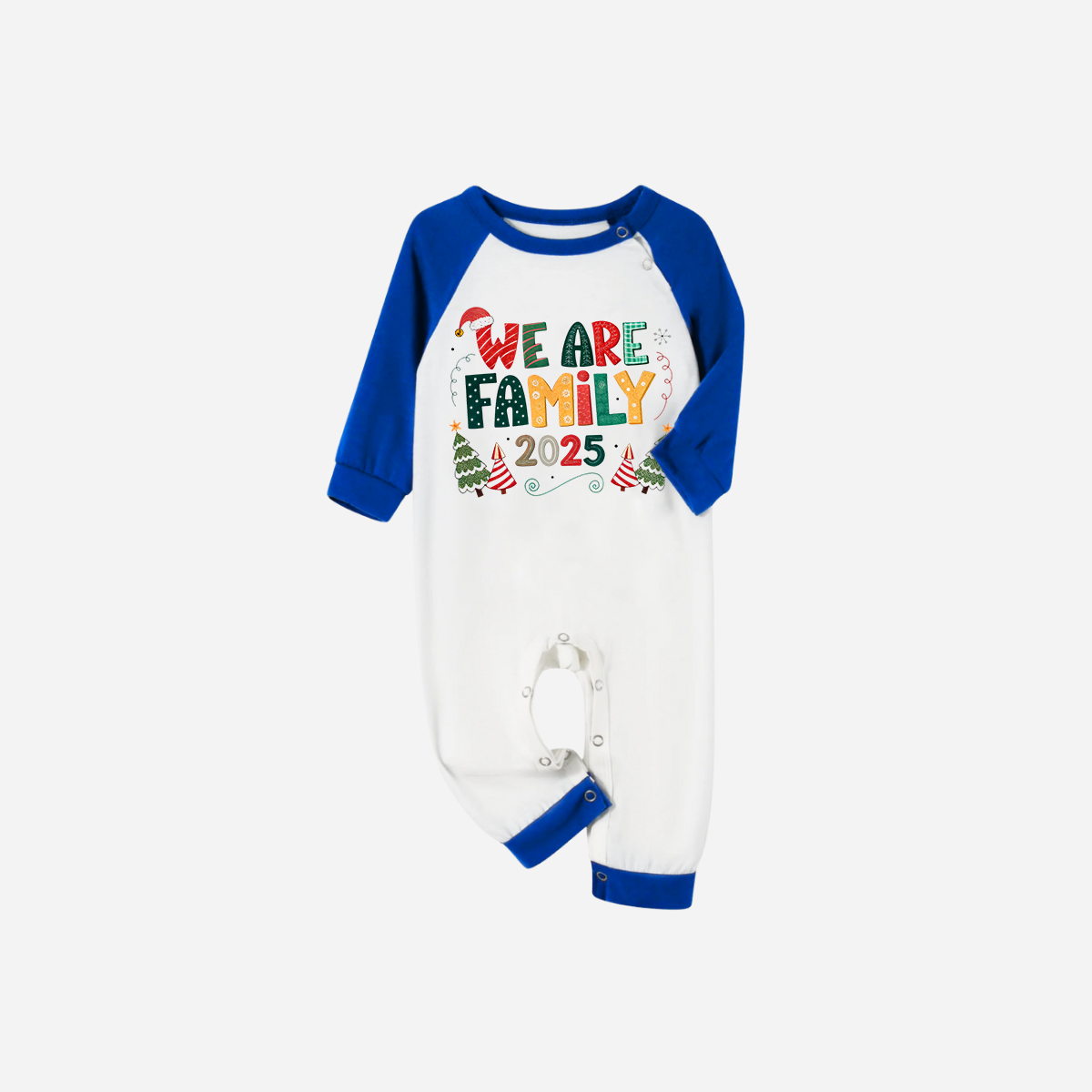 Blue Plaid Short Sleeve Christmas Pajamas Set With "We are Family" Colorful Text Print