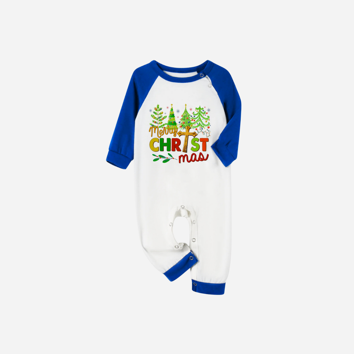 Merry Christmas Trees Family Christmas Pajamas Set - White Top with Blue Sleeves and Blue Plaid Pants