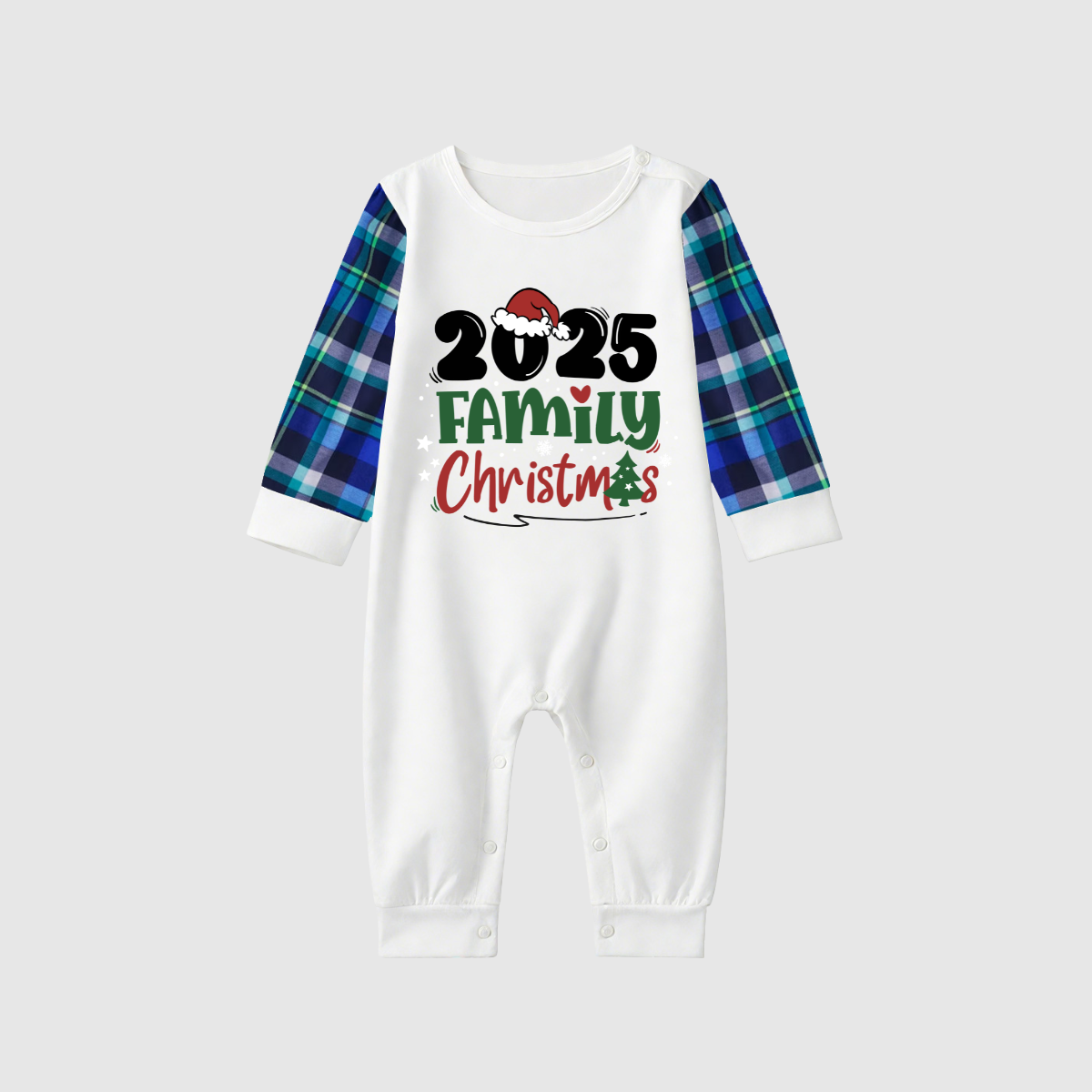 Merry Christmas 2025 Family Pajamas Set - White Top, Blue & Green Plaid Pants, Solid Blue Sleeves, Santa Hat & Christmas Tree Print