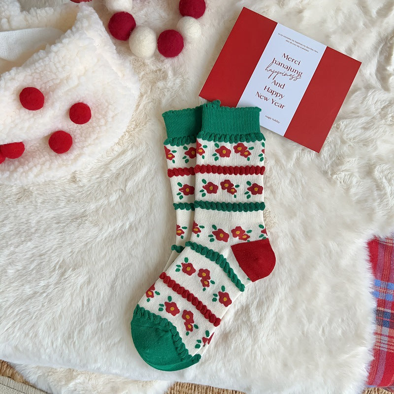 New Women's Mid Calf Socks Christmas Cute Cartoon Embossed Couple Socks Japanese Socks