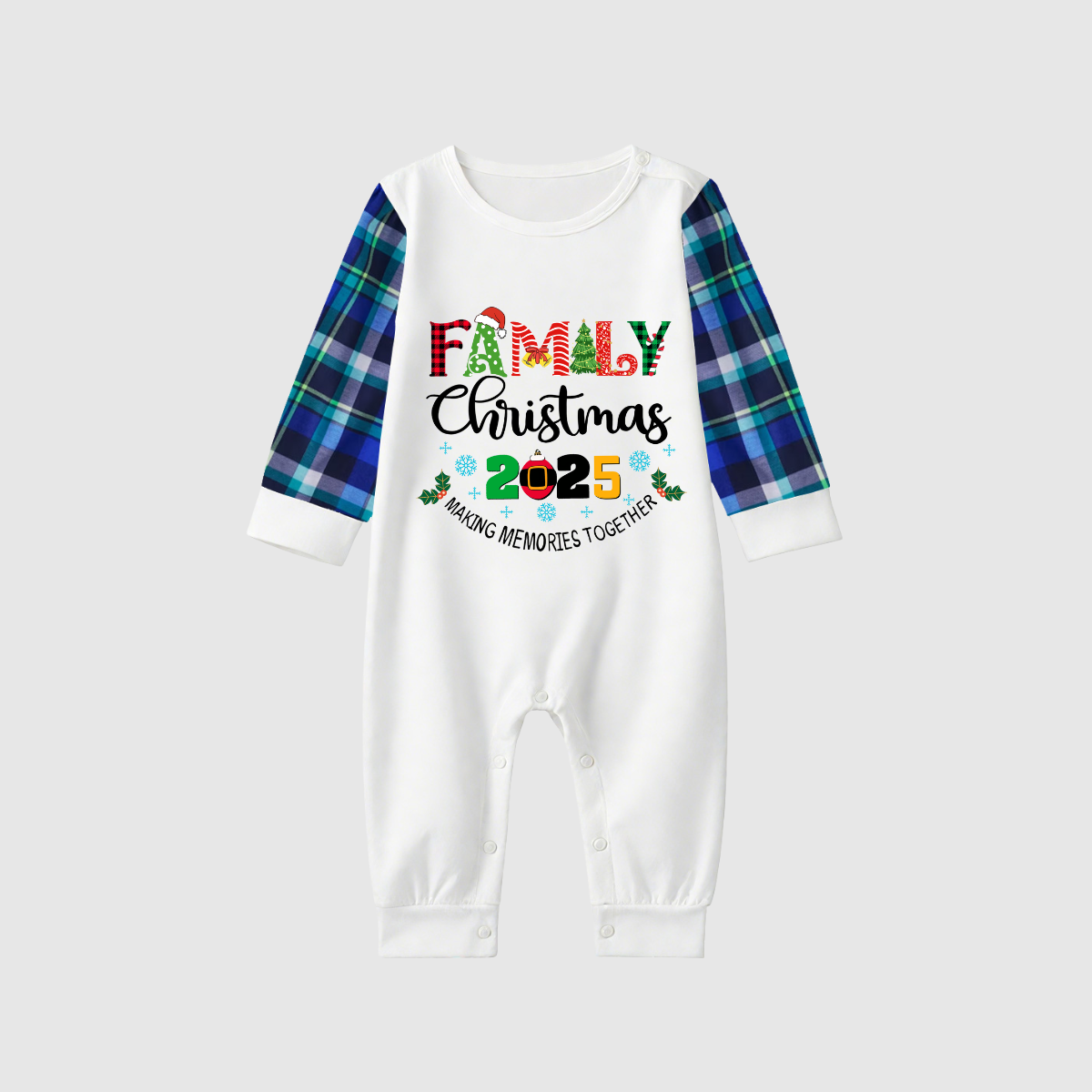 Christmas Gnomes Hanging with my Gnomies Family Pajamas Set - White Top, Blue-Green Plaid Pants, Blue-Green Sleeves, Gnome Print