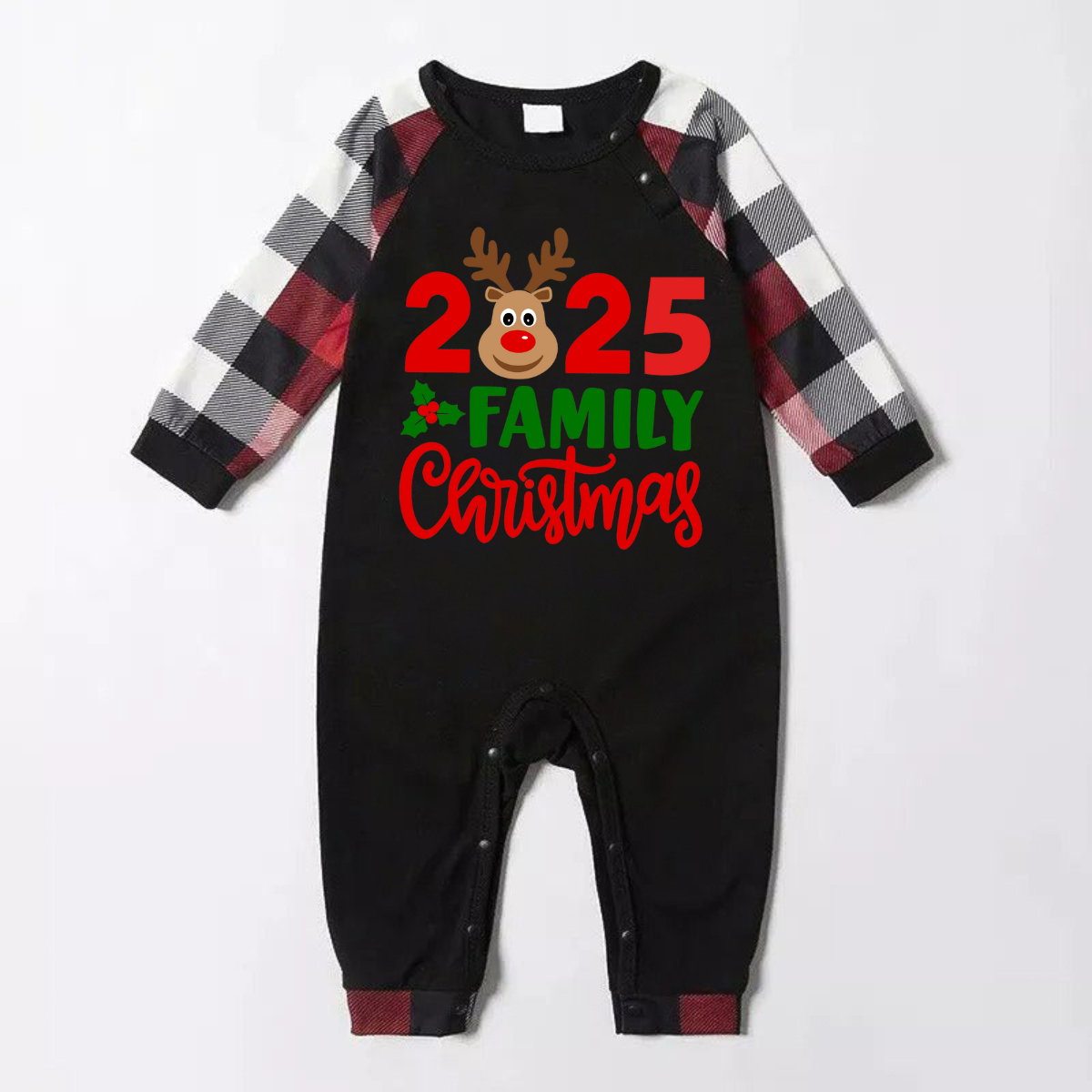 "2025 Family Christmas" Moose Letter Prints Red & Black & Grey & White Plaid Family Matching Pajamas