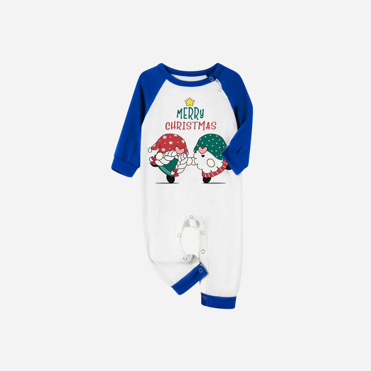 Blue Plaid Short Sleeve Christmas Pajamas Set With Gnome and Merry Christmas Text Print