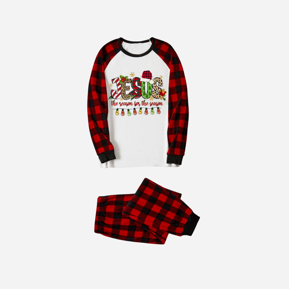 Jesus the Reason for the Season Family Christmas Pajamas Set - White Top with Red Plaid Sleeves and Pants