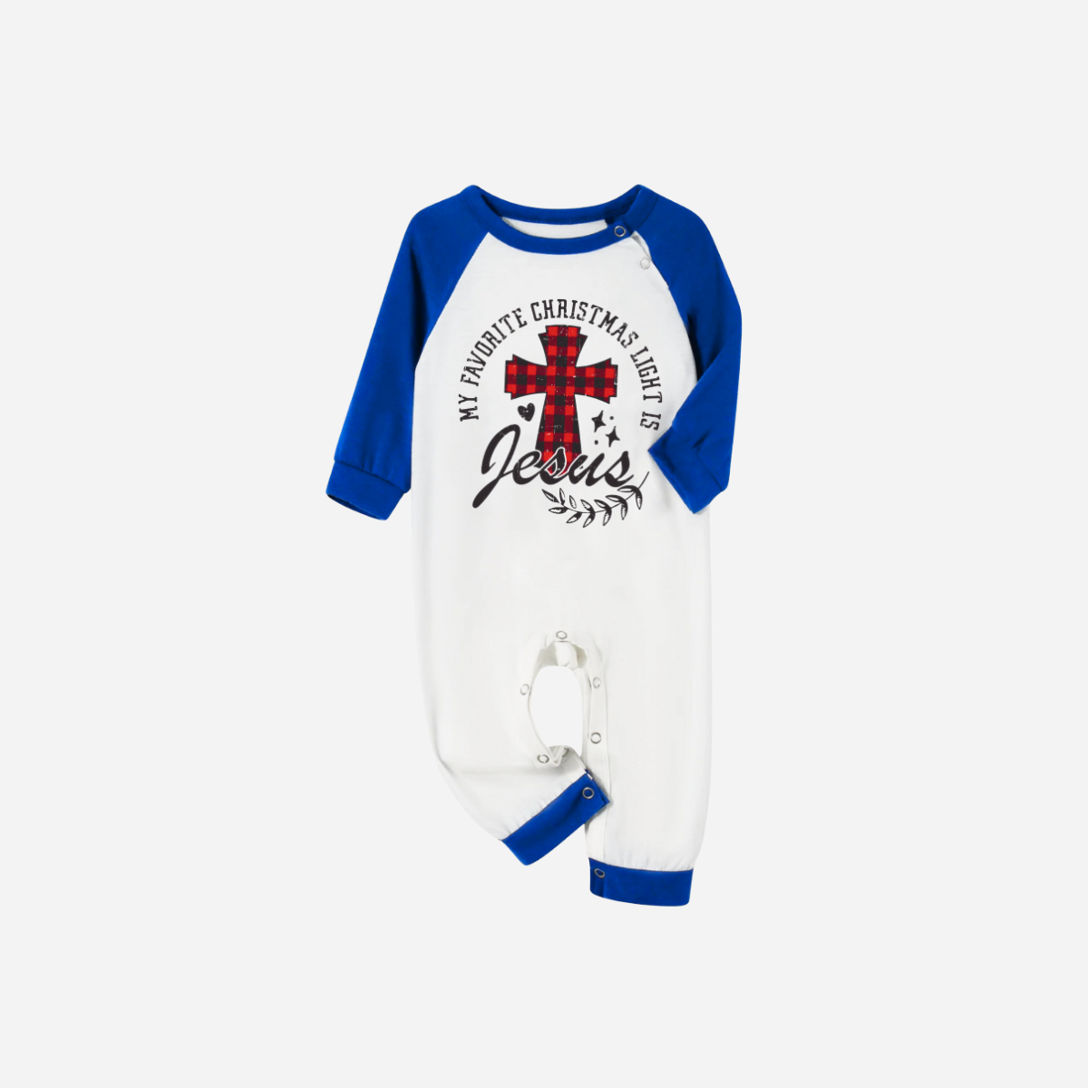 My Favorite Christmas Light Is Jesus Family Christmas Pajamas Set - White Top with Blue Sleeves and Blue Plaid Pants