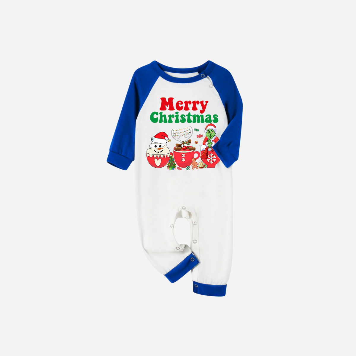 Blue Plaid Short Sleeve Christmas Pajamas Set With "Merry Christmas" and Cartoon Pattern Print