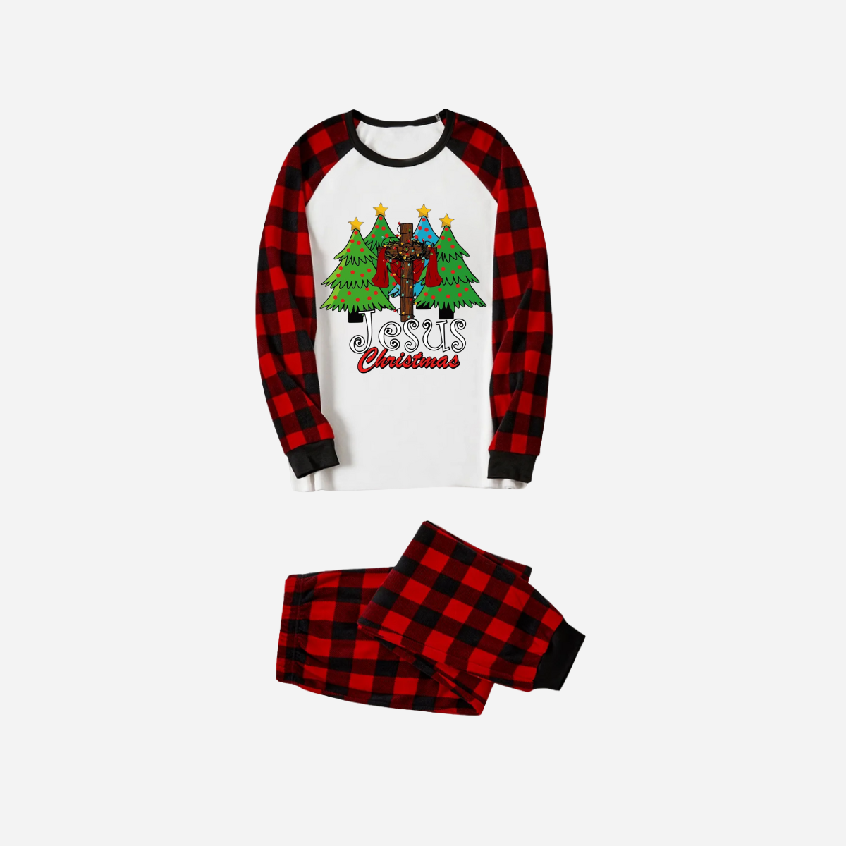 Jesus Christmas Family Matching Pajamas Set - White Top with Red Plaid Sleeves and Red Plaid Pants