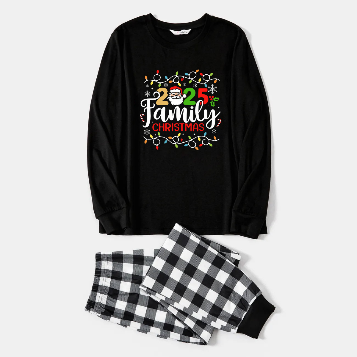 Black and White Plaid Christmas Pajamas Set With Christmas Light and "2025 Family Christmas" Text Print