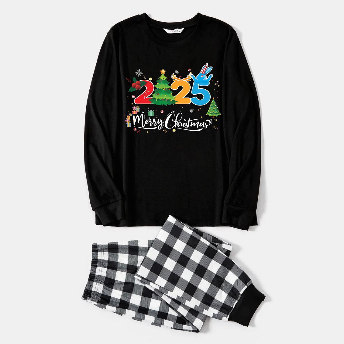 Black and White Plaid Christmas Pajamas Set With "2025 Merry Christmas" Text Print