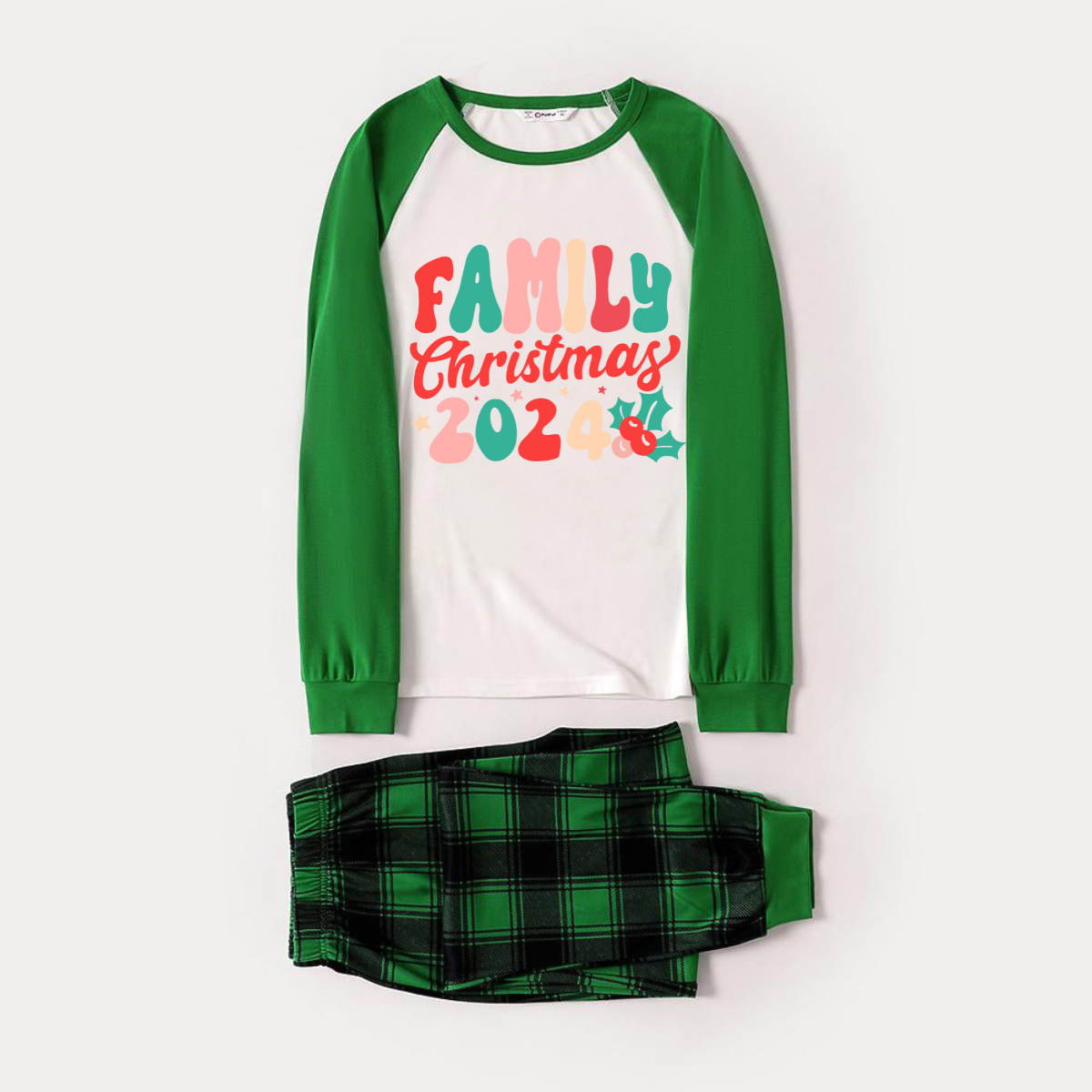 Christmas �� Family Christmas 2024�� Letter Print Patterned Casual Long Sleeve Sweatshirts Green Contrast Tops and Black and Green Plaid Pants Family Matching Raglan Long-sleeve Pajamas Sets With Dog Bandana