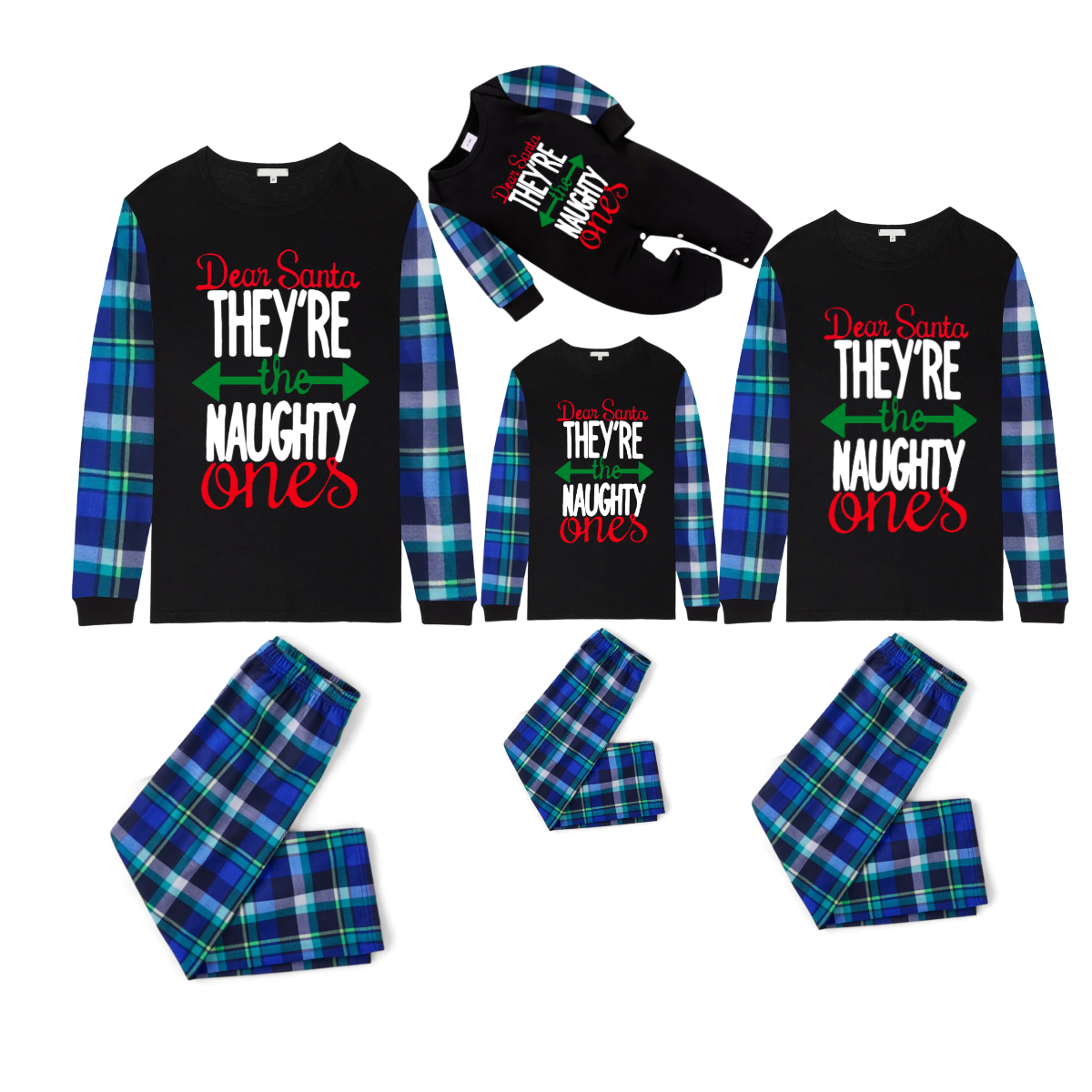 Blue Plaid Raglan Sleeve Black Top with Dear Santa They Are the Naughty Ones Printed Plaid Pants Family Matching Christmas Pajamas Sets