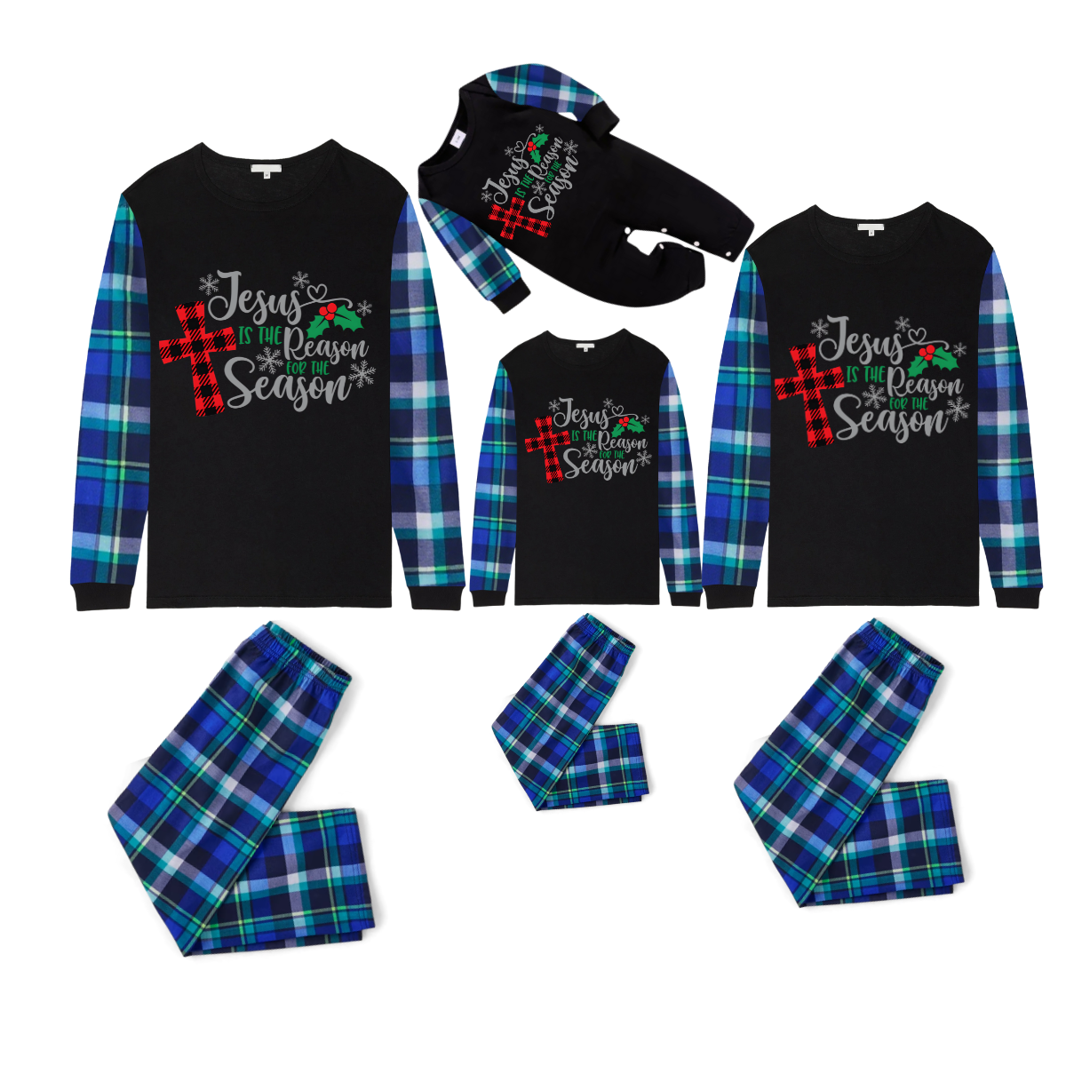 Matching Family Christmas Pajamas Jesus Is the Reason, Blue Plaid