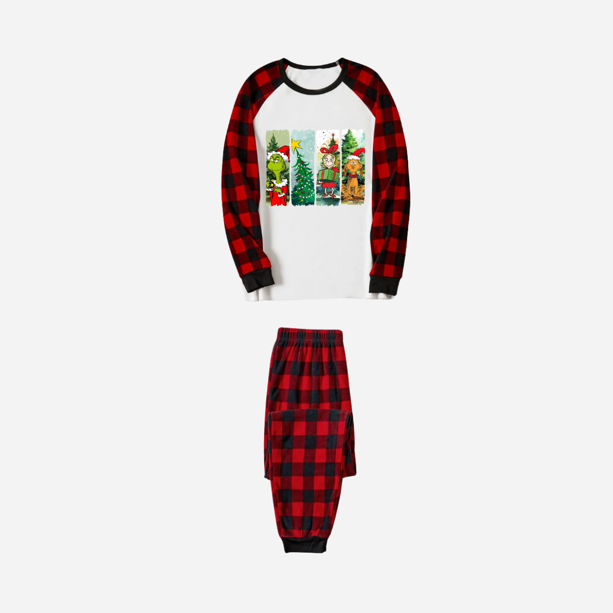 Christmas Cartoon Family Christmas Pajamas Set - White Top with Red Plaid Sleeves and Red Plaid Pants