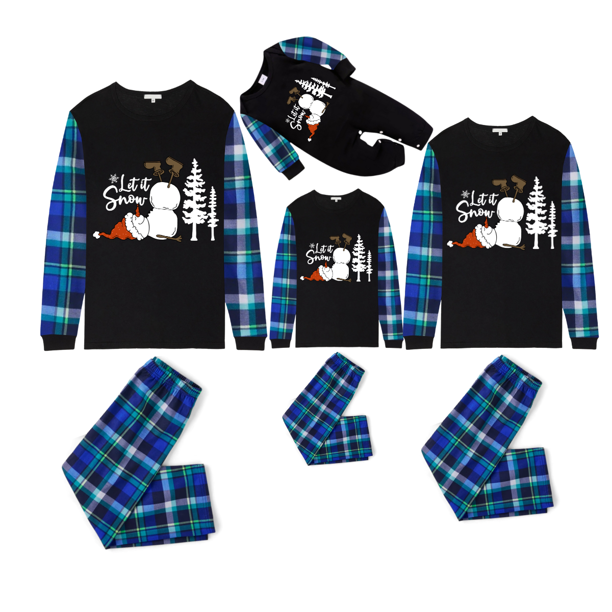 Let It Snow Family Christmas Pajamas - Black & Blue Plaid