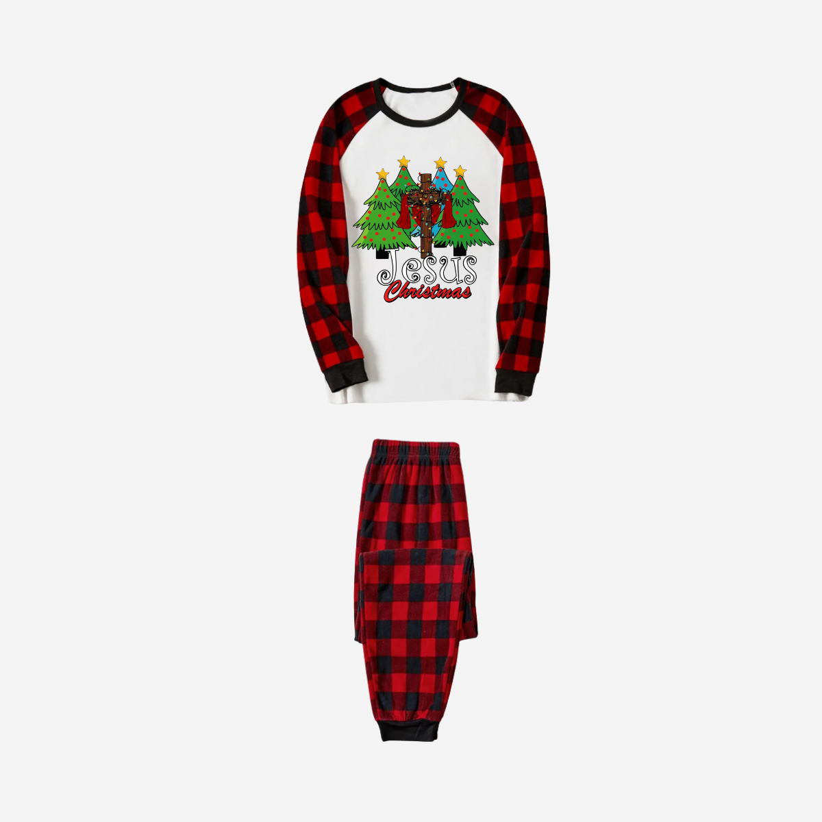 Jesus Christmas Family Matching Pajamas Set - White Top with Red Plaid Sleeves and Red Plaid Pants