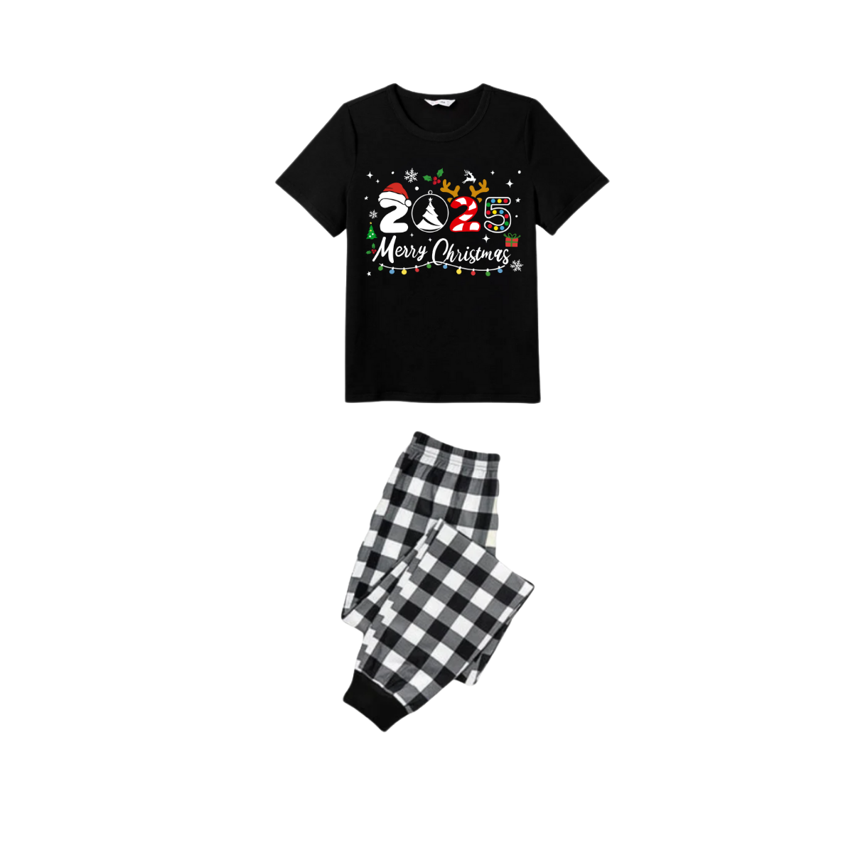 2025 Merry Christmas Family Pajamas Set - Black Top Black and White Plaid Pants White Text Graphic